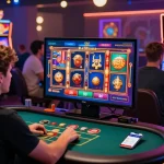 Engaged gamers enjoying 789Club's vibrant online casino experience with neon graphics and mobile app.