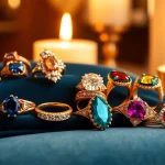 Showcase of luxury rings featuring intricate designs and sparkling gemstones.