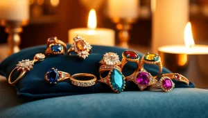 Showcase of luxury rings featuring intricate designs and sparkling gemstones.
