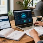 Cloud mining analysis in a cozy coffee shop with crypto data on screen and textbooks