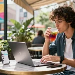 Engaging scene of influencer at café creating content to buy cheap TikTok views.