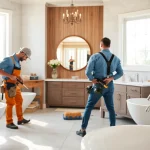 Dedicated bathroom remodeling contractors transforming a stylish space with modern design elements.