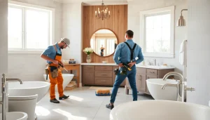 Dedicated bathroom remodeling contractors transforming a stylish space with modern design elements.