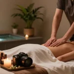 Serene 1인샵 spa scene featuring a soothing Swedish massage environment with calming elements and natural lighting.
