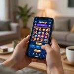 Engaging with JPTOTO's mobile casino app for exciting slot gameplay in a cozy home setting.