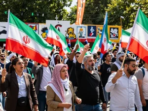 Massive Munich rally focused on Iran with diverse crowd holding banners and chanting for freedom.