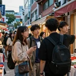 Diverse group exploring a vibrant marketplace in Seoul, showcasing local fashion and trendy shops while searching for information on businesses.