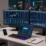 Professional workspace showcasing safe cloud mining service with cryptocurrency price charts, blockchain analytics, and modern tech setup.