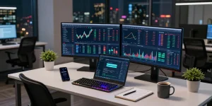 Professional workspace showcasing safe cloud mining service with cryptocurrency price charts, blockchain analytics, and modern tech setup.