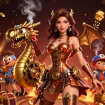 Play and win with nego77 in a vibrant 3D casino scene showcasing exciting slot machines and characters.