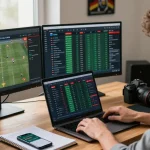 Focused bettor analyzing ty le keo odds at a modern home office with sports memorabilia.