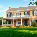 Colonial home new build construction with elegant columns in a lush setting.