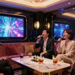 Engaging atmosphere at 강남가라오케 with vibrant lighting and stylish patrons enjoying karaoke.