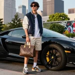 Stylish individual showcasing 명품 레플리카 fashion items in an upscale urban setting, reflecting luxury lifestyle.