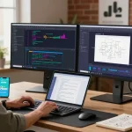 Developer coding at scenadomen.pl workspace with dual monitors and natural light.