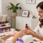 Manichiură profesională folosind kit unghii gel într-un salon de înfrumusețare modern.