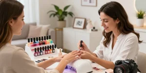 Manichiură profesională folosind kit unghii gel într-un salon de înfrumusețare modern.
