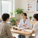 Welcoming scene at 수원한의원 clinic with diverse staff assisting patients, showing holistic healing ambiance.
