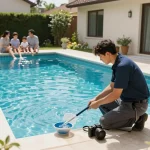 Dolphin Pool Services technician inspecting a sparkling residential pool, showcasing professional care and quality service.