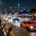 Street racing in Kenya showcasing thrilling urban competition with vibrant lights and high-performance cars.