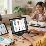 Select SVG files for crafting projects in a vibrant home office with colorful tumbler designs on screen.