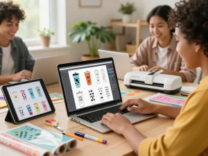 Select SVG files for crafting projects in a vibrant home office with colorful tumbler designs on screen.