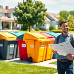 Customer inspecting garbage rental bins in a sunny neighborhood with a friendly service representative.