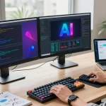 Developer utilizing juicy ai in a vibrant, tech-focused workspace with dual monitors and innovative coding elements.