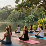 Lanka Yoga practitioners enjoying a sunrise yoga class by Koggala Lake, enveloped in nature.