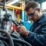 Technician performing mobile hydraulic services by repairing hydraulic hoses on-site.