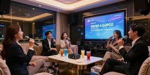 강남가라오케 프라이빗 룸에서 즐거운 시간을 보내는 모습, 세련된 조명과 분위기