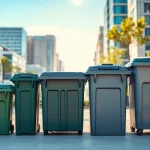 Showcasing various garbage rental bins in a clean urban setting, highlighting efficiency and size diversity.
