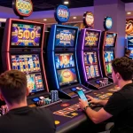 Engaging gambling scene illustrating slot deposit 5000 excitement, players at vibrant online casino.