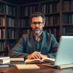 Author writing in a cozy library setting, with books and a warm ambiance.