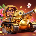 SUNWIN showcases a vibrant 3D casino scene with gold coins, confetti, and gaming elements.