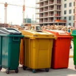 Highlighting various garbage rental bins set up efficiently at a construction site for waste management.