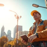 Technician performing lighting maintenance on streetlights, ensuring safe urban illumination.