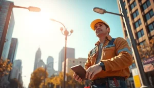 Technician performing lighting maintenance on streetlights, ensuring safe urban illumination.