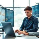 Engaged professional focusing on edmonton seo analytics in a modern office setup.