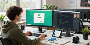 Tech workspace scene with WhatsApp下載 interface and developer collaborating online.