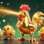 Melihat kumpulan angka JP di yumetoto dengan robot ayam emas futuristik dan drone anak ayam.