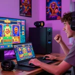 Excited player engaging with slot games on a laptop in a colorful gaming setup.