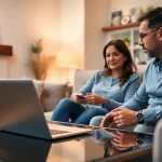 Engaging consultation scene on heating financing options with a couple in a cozy living room.