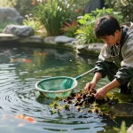 Pond Cleaning Surrey professional cleaning a serene garden pond, ensuring clear water and healthy environment.