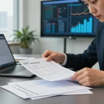 Detect fake invoice through professional document examination in a modern office setting.