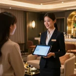 강남쩜오에서 프리미엄 가격 안내를 하는 친절한 안내원과 고급스러운 룸 환경을 조성한 이미지입니다.