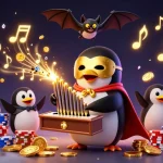 Jouez à des machines à sous casino en ligne avec un pingouin fantôme et des pièces dorées volantes.