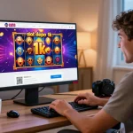 Excited gamer enjoying slot depo 1k games on a stylish laptop in a cozy living room.