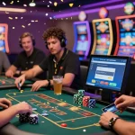 Players enjoying credit card casinos with vibrant games, colorful lights, and fast transactions.