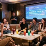 강남구구단에서 친구들과 즐거운 노래를 부르는 모습, 고급스러운 분위기와 전문 서비스가 돋보입니다.